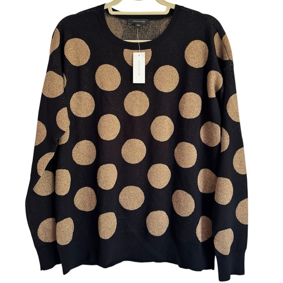 NWT Ann Taylor Polka Dot Shimmer Crewneck Sweater Black Gold Holiday Size Large - Picture 1 of 7